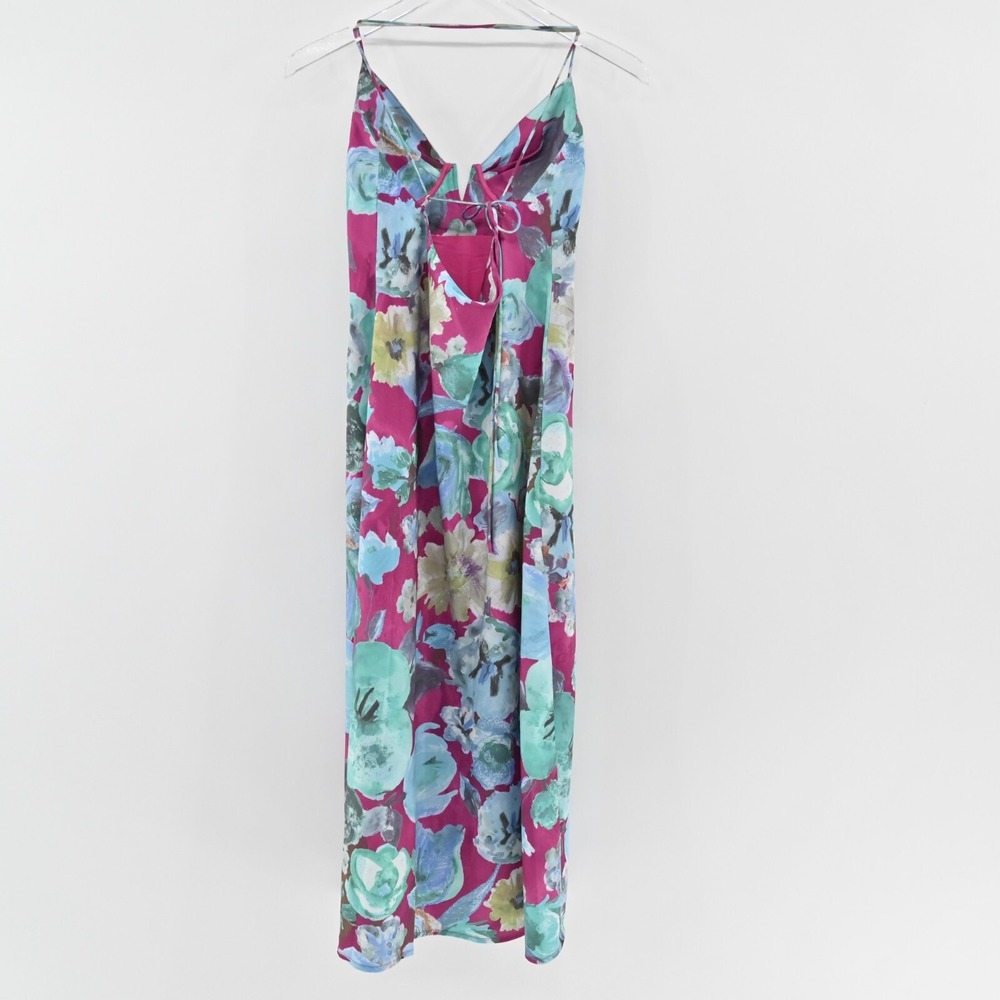 ACOA Dress Size M Blue Magenta Floral Print Strapless V Neck Midi Slip Vacation - Picture 4 of 13